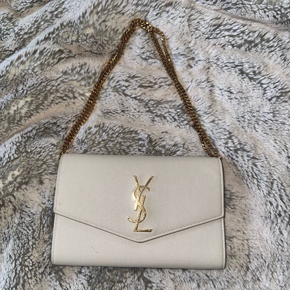 White Uptown YSL wallet on chain in grained leather